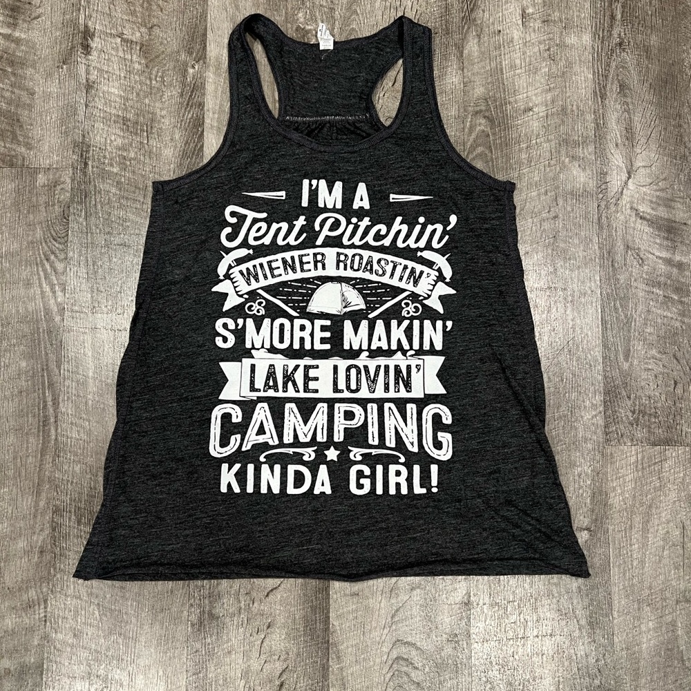 Women's dark heather Camping Graphic Tank Top